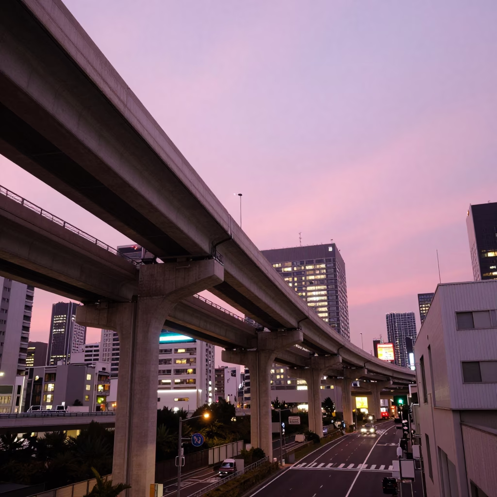 Twilight Highway Flyover Over Tokyo Skyline with Neon Lights in in Tokyo, Japan