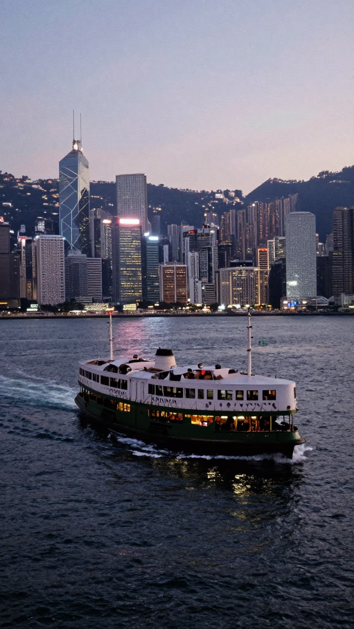 Twilight Hong Kong Harbor Ferry Departure with Distant Mountains and Urban Skyline in in Hong Kong, Hong Kong