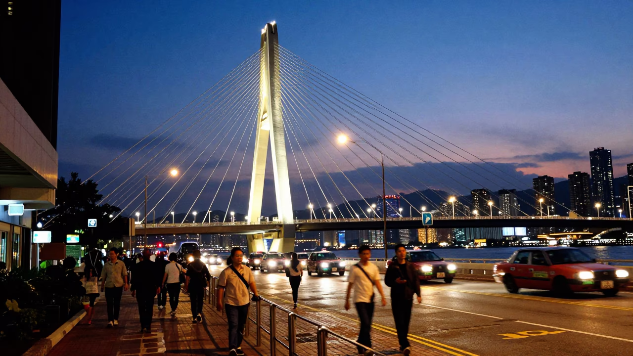 Twilight Hong Kong Street Scene with Cable-Stayed Bridge Illumination and Urban Detail in in Hong Kong, Hong Kong