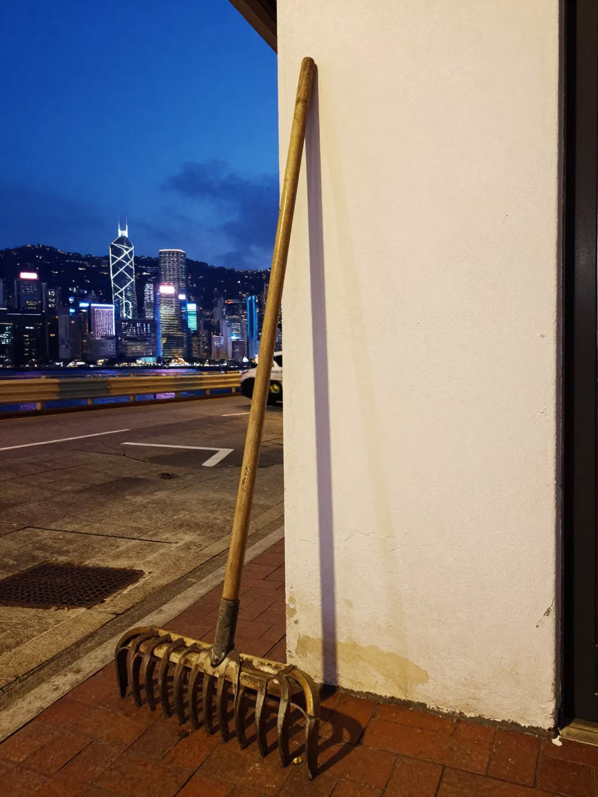 Twilight Hong Kong Street Scene with Vintage Rake and Tea Stains on Latch in in Hong Kong, Hong Kong