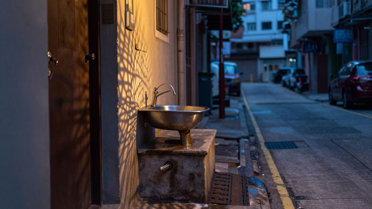 Twilight Hong Kong Street Scene with Wicker Shadow and Wash Basin in in Hong Kong, Hong Kong