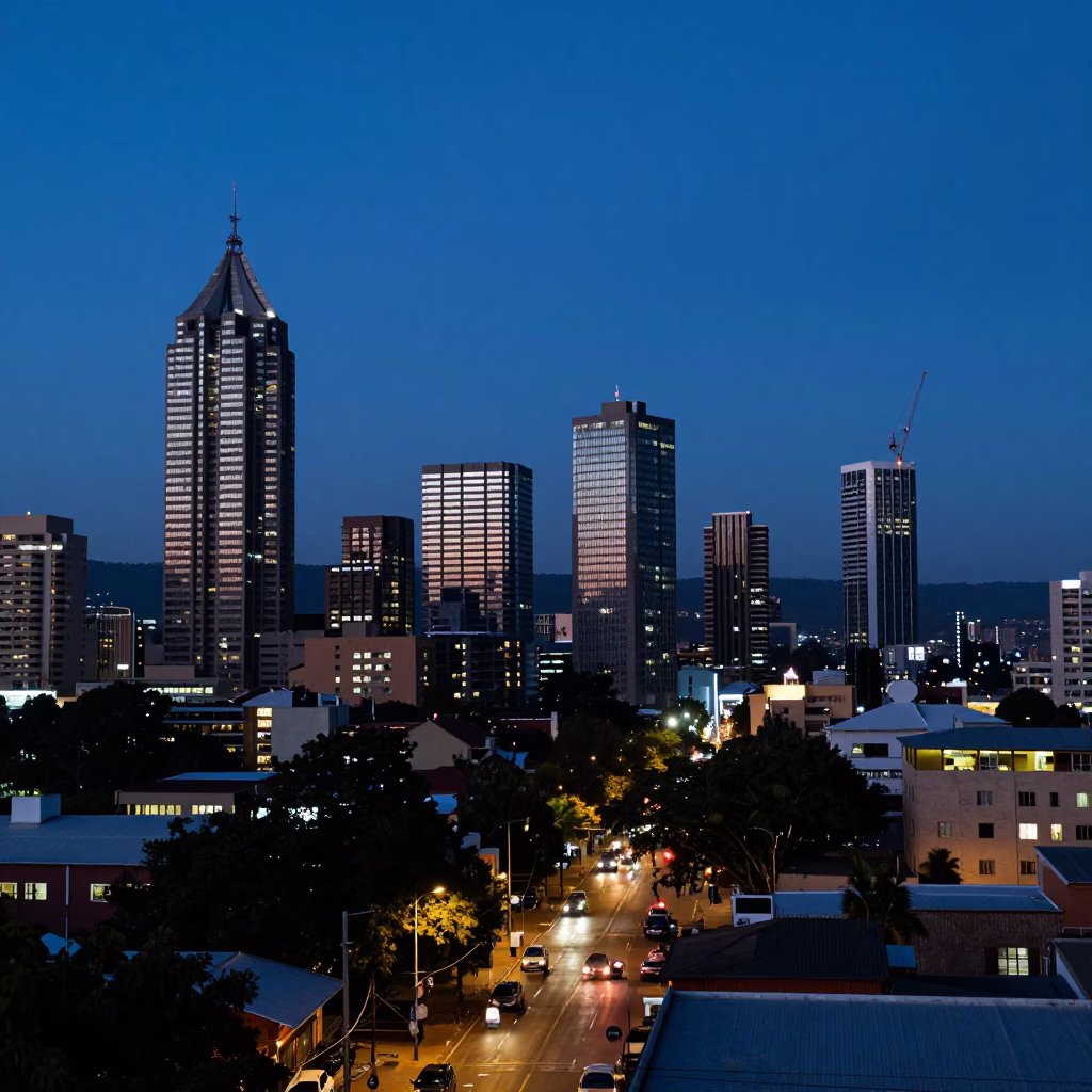 Twilight Horizon of Johannesburg Skyline and Street Level Activity in in Johannesburg, South Africa