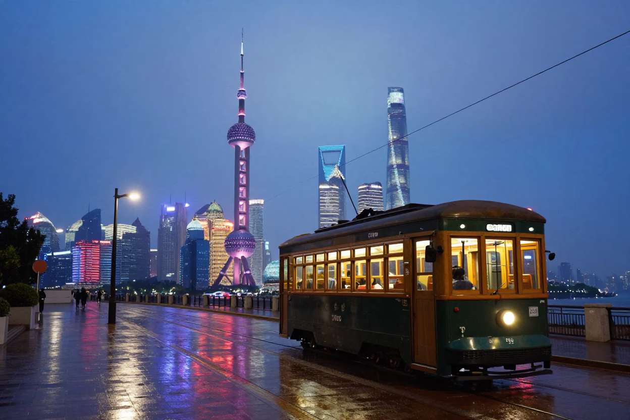 Twilight Horizon of Shanghai China with Vintage Tram and Urban Construction in in Shanghai, China