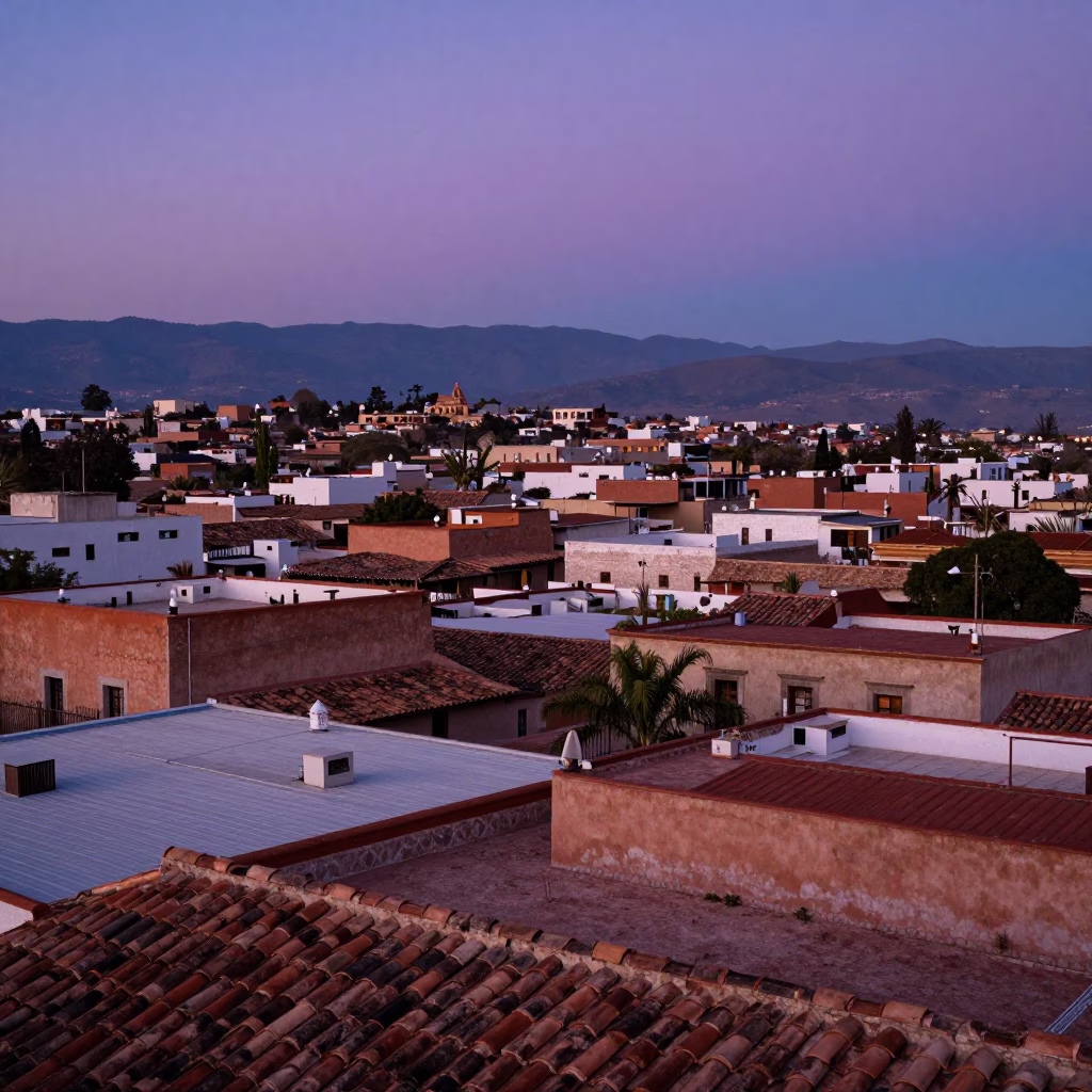 Twilight Horizon Over Oaxaca City Adobe Rooftops and Distant Sierra Madre Mountains in in Oaxaca, Mexico