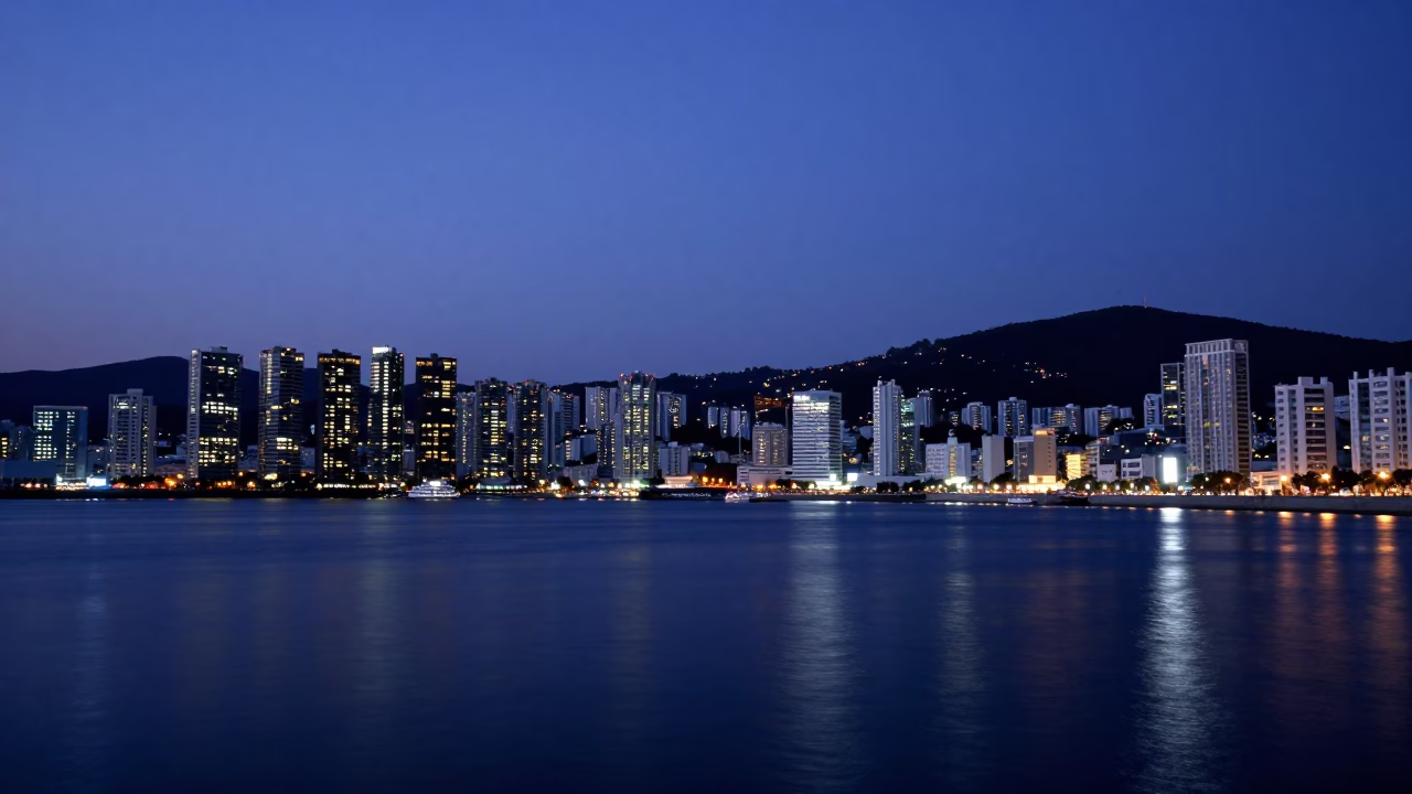 Twilight Horizon View of Busan South Korea Cityscape and Coastal Waterfront in in Busan, South Korea