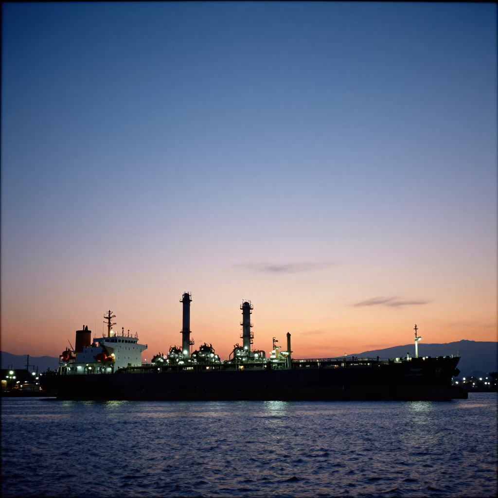 Twilight Horizon View of Izmir Turkey Tanker Ship at Refinery Dock with Coastal Cityscape in in Izmir, Turkey