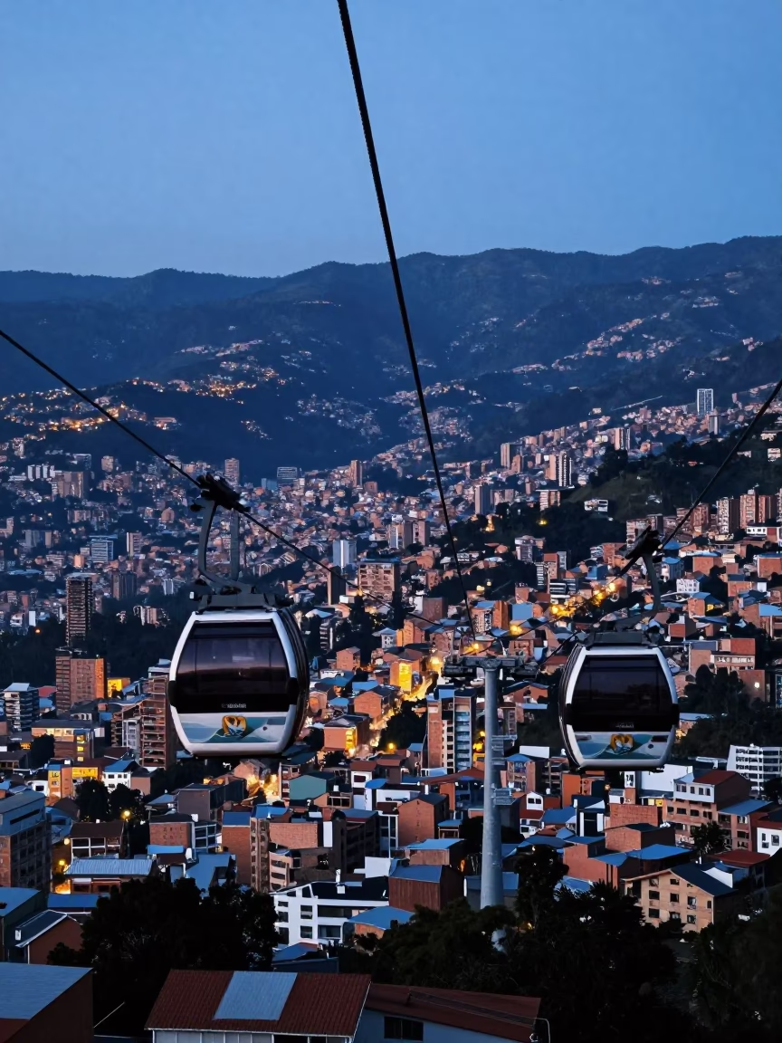 Twilight Horizon View of Medellin Colombia Metro Cable Cars and City Lights in in Medellin, Colombia