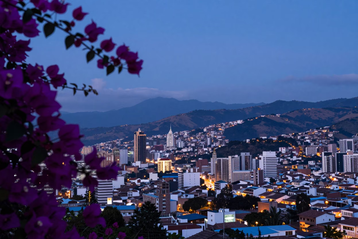 Twilight Horizon View of Quito Ecuador Cityscape with Bougainvillea in in Quito, Ecuador