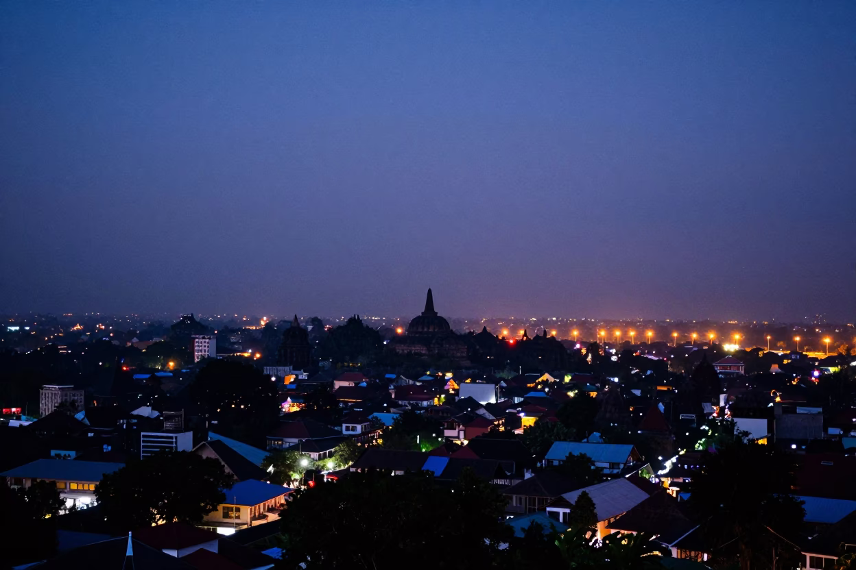 Twilight Horizon View of Yogyakarta Indonesia Cityscape and Temple Silhouettes in in Yogyakarta, Indonesia