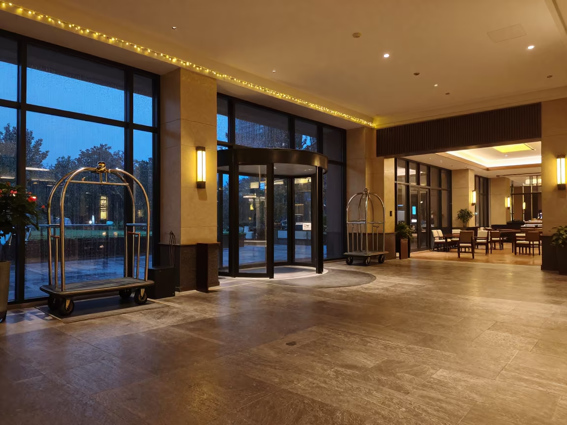 Twilight Hotel Lobby With Luggage Carts And Rain in in a quiet guest corridor in Anyang