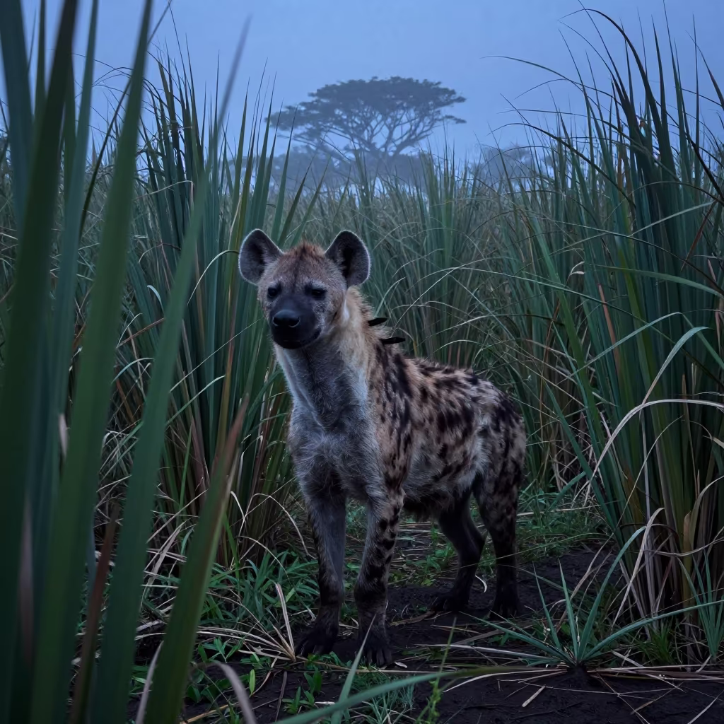 Twilight Hyena in Hawaiian Reed Bed Fog in at the edge of a reed bed in Hawaii