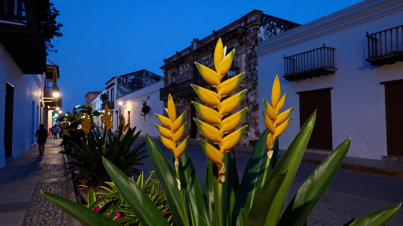 Twilight in Cartagena Colombia Heliconia Flowers and Street Life in in Cartagena, Colombia