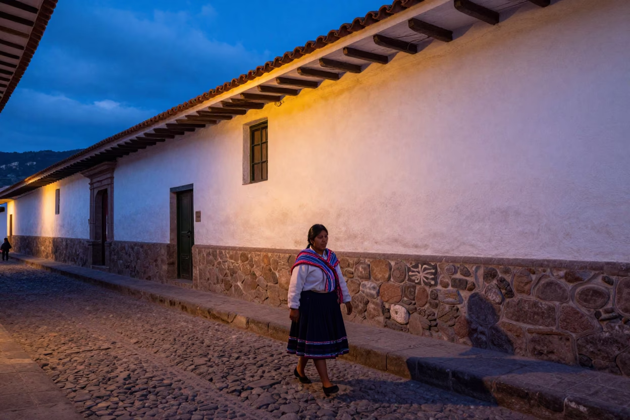 Twilight in Cusco Peru Street Scene with Sun Stripe on Plaster Wall in in Cusco, Peru