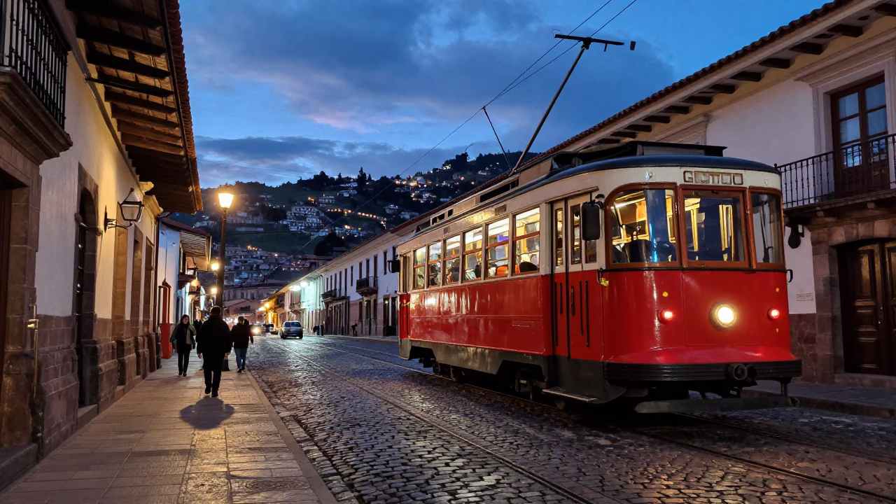 Twilight in Cusco Peru Street Scene with Trams and Stone Architecture in in Cusco, Peru