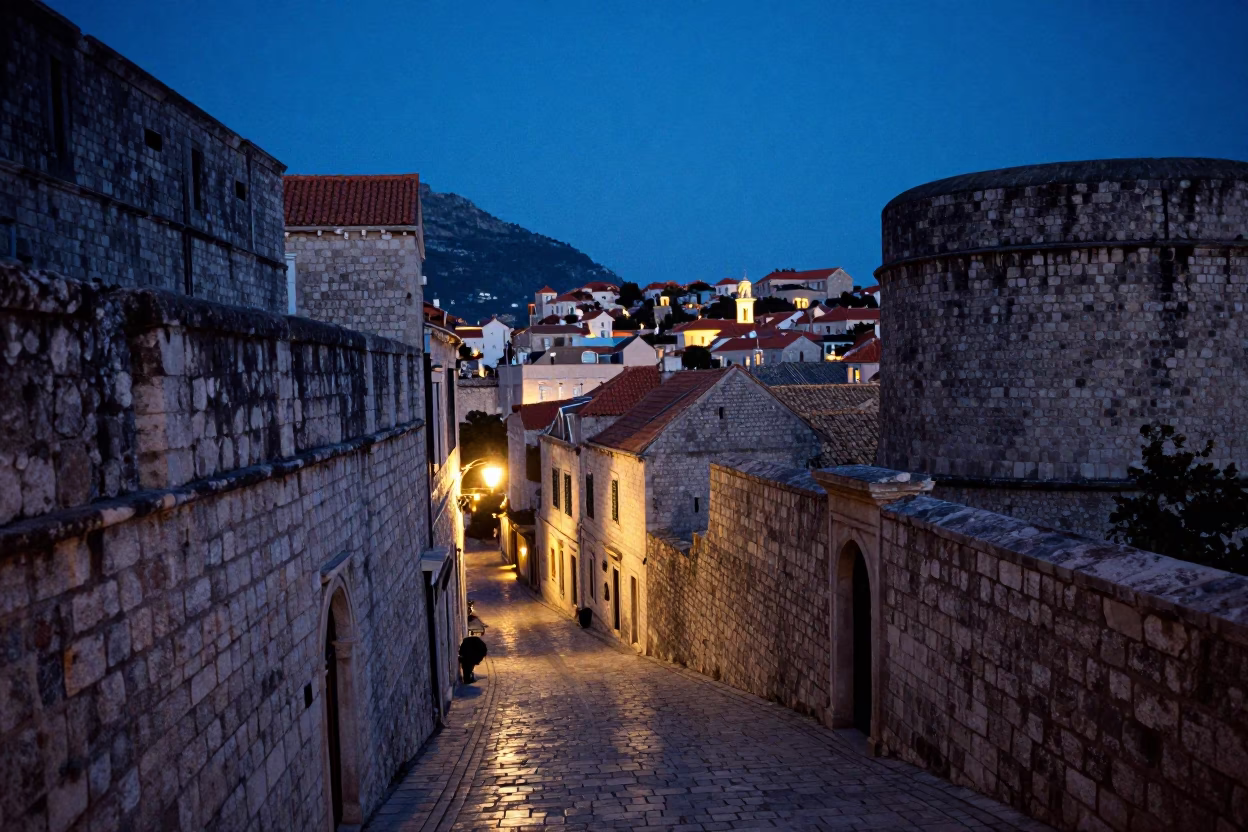 Twilight in Dubrovnik Croatia Stone Walls and City Lights Glow Over Coastal Street Scene in in Dubrovnik, Croatia