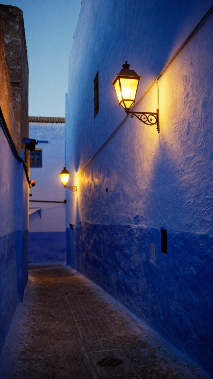 Twilight in Essaouira Morocco Blue Walls and Lantern Light in in Essaouira, Morocco