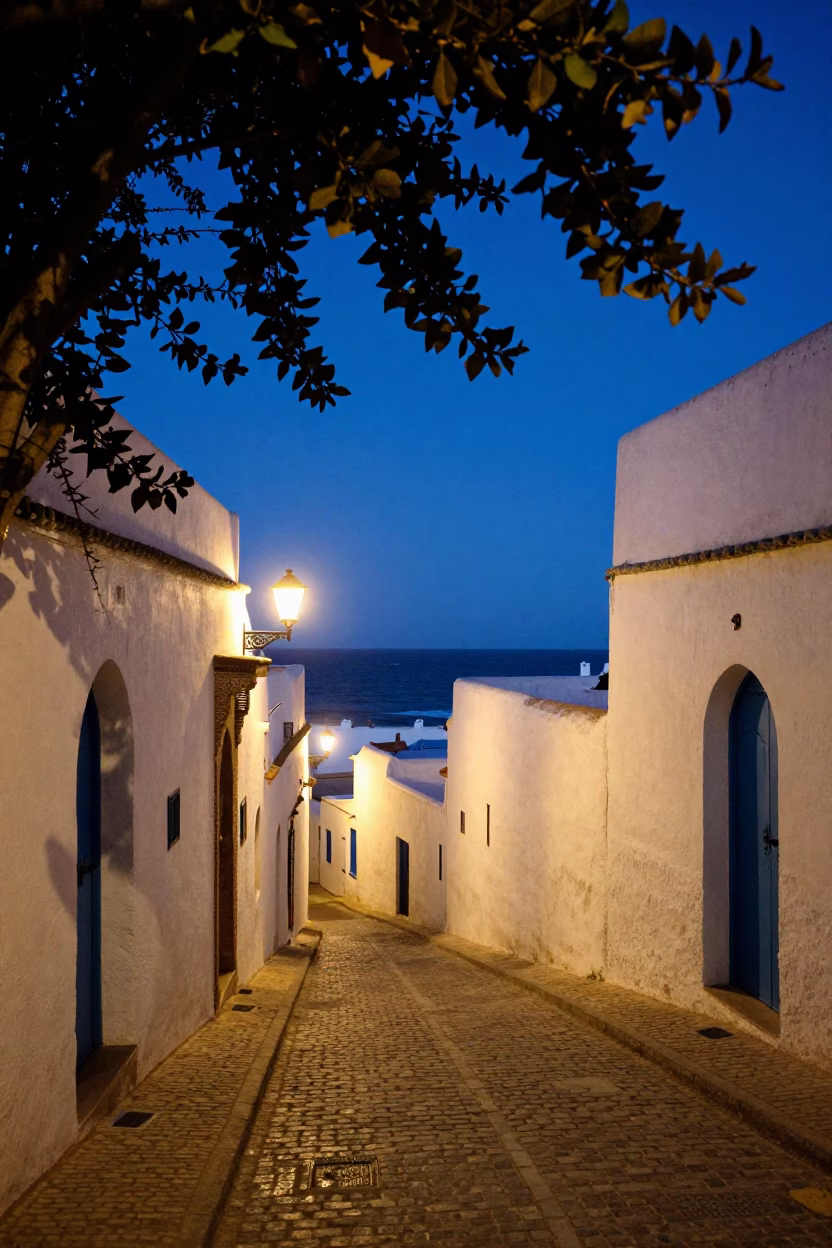 Twilight in Essaouira Morocco Coastal Street Scene with Leaf Shadows on Plaster Wall in in Essaouira, Morocco