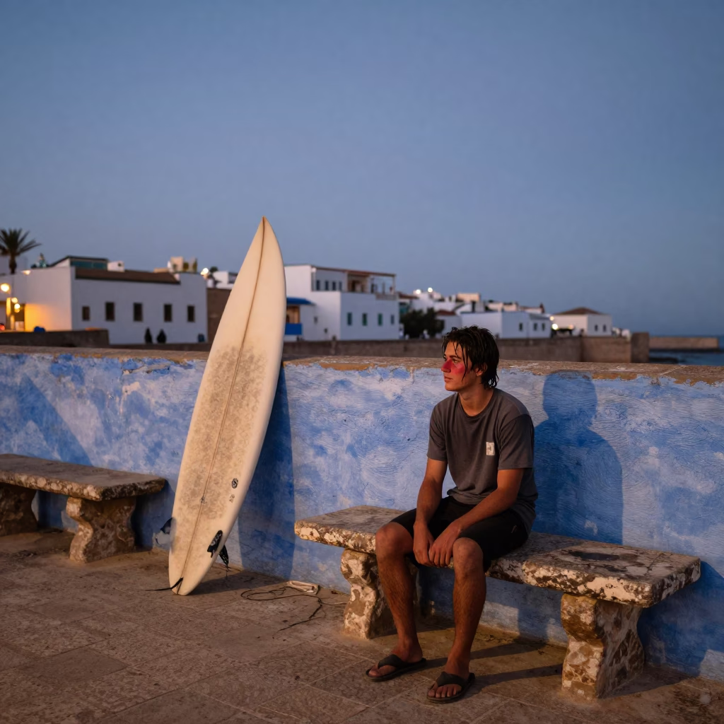 Twilight in Essaouira Morocco with Young Surfer and Stone Bench near Port in in Essaouira, Morocco