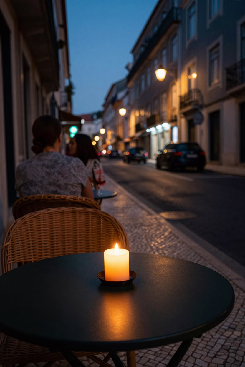 Twilight in Lisbon Portugal Street Scene with Taper Candle and Wicker Shadow on Countertop in in Lisbon, Portugal