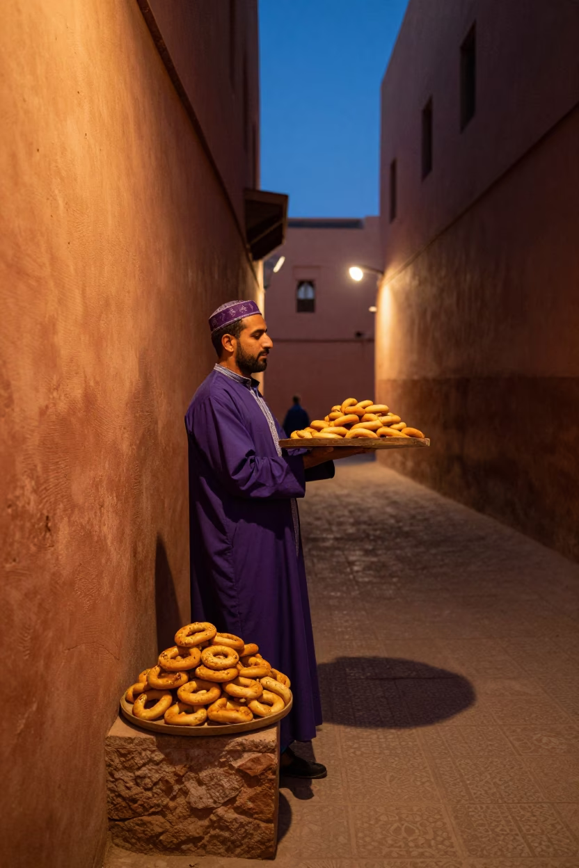 Twilight in Marrakech Medina with Indigo Fabric and Mandazi Street Food in in Marrakech, Morocco