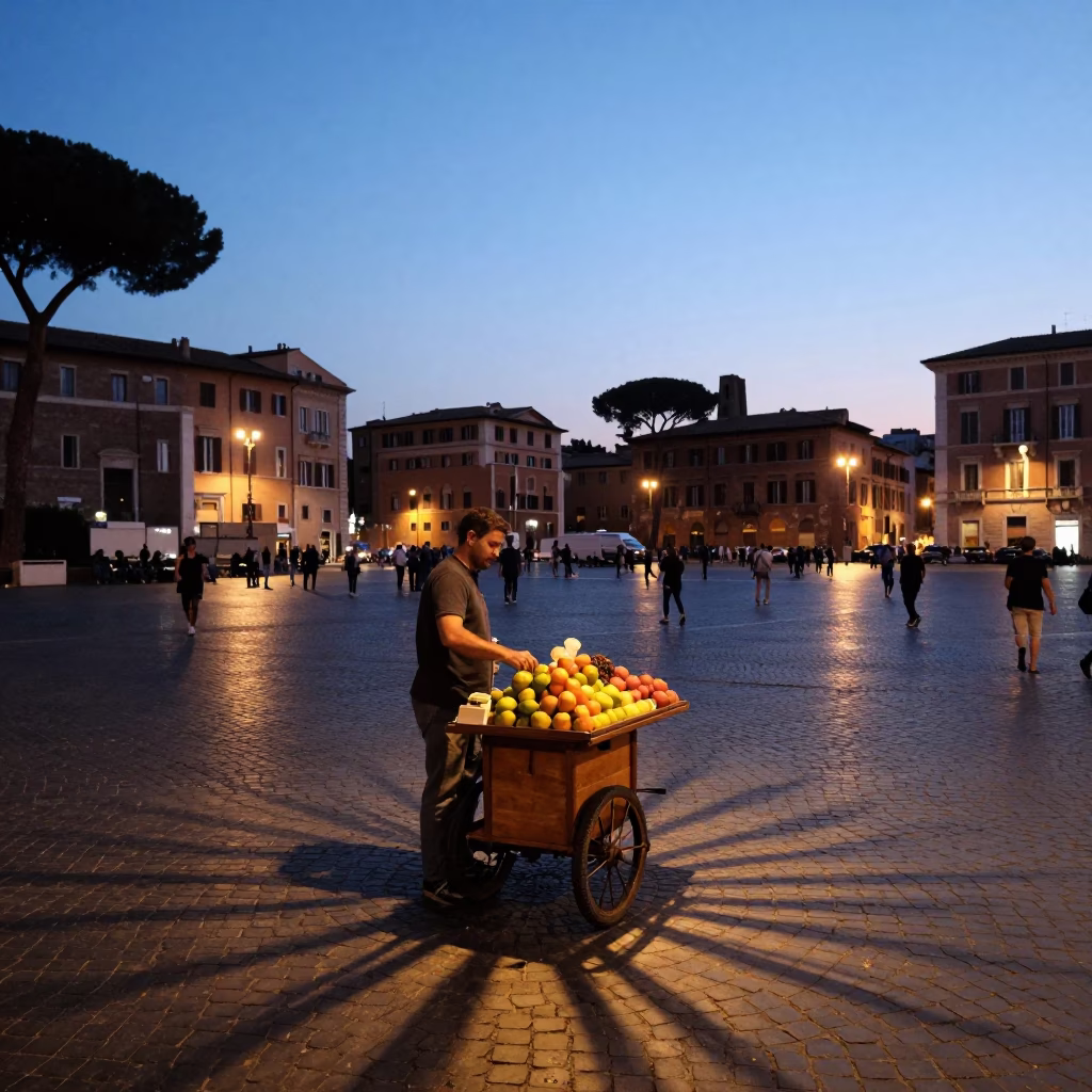 Twilight in Rome Italy Street Scene with Wicker Shadow and Local Interaction in in Rome, Italy