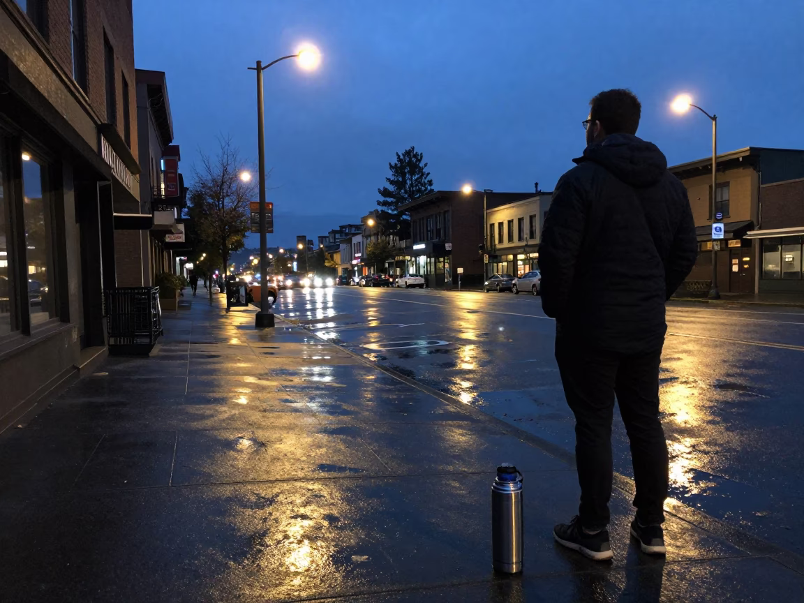 Twilight in Seattle Washington Street Scene with Thermos and Cooler Jug in in Seattle, Washington, United States