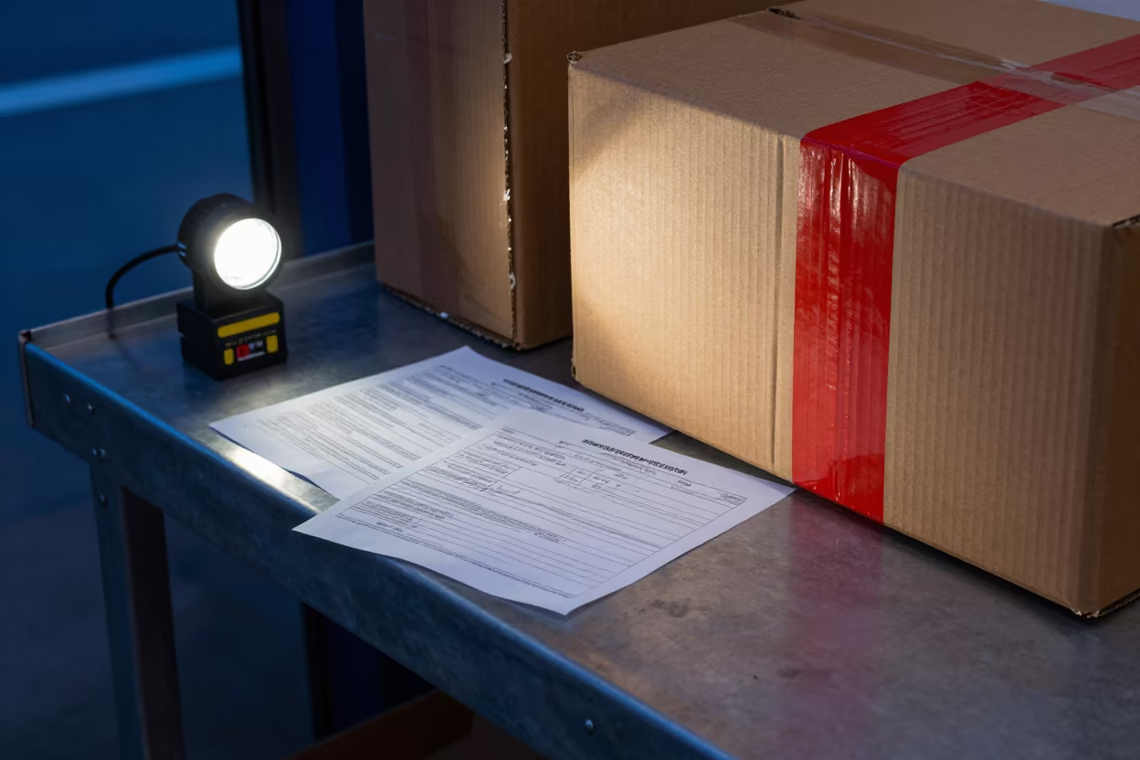Twilight Inspection Bay with Red Hold Tape and Forms in inside a cross-dock lane in Williamsburg, New York