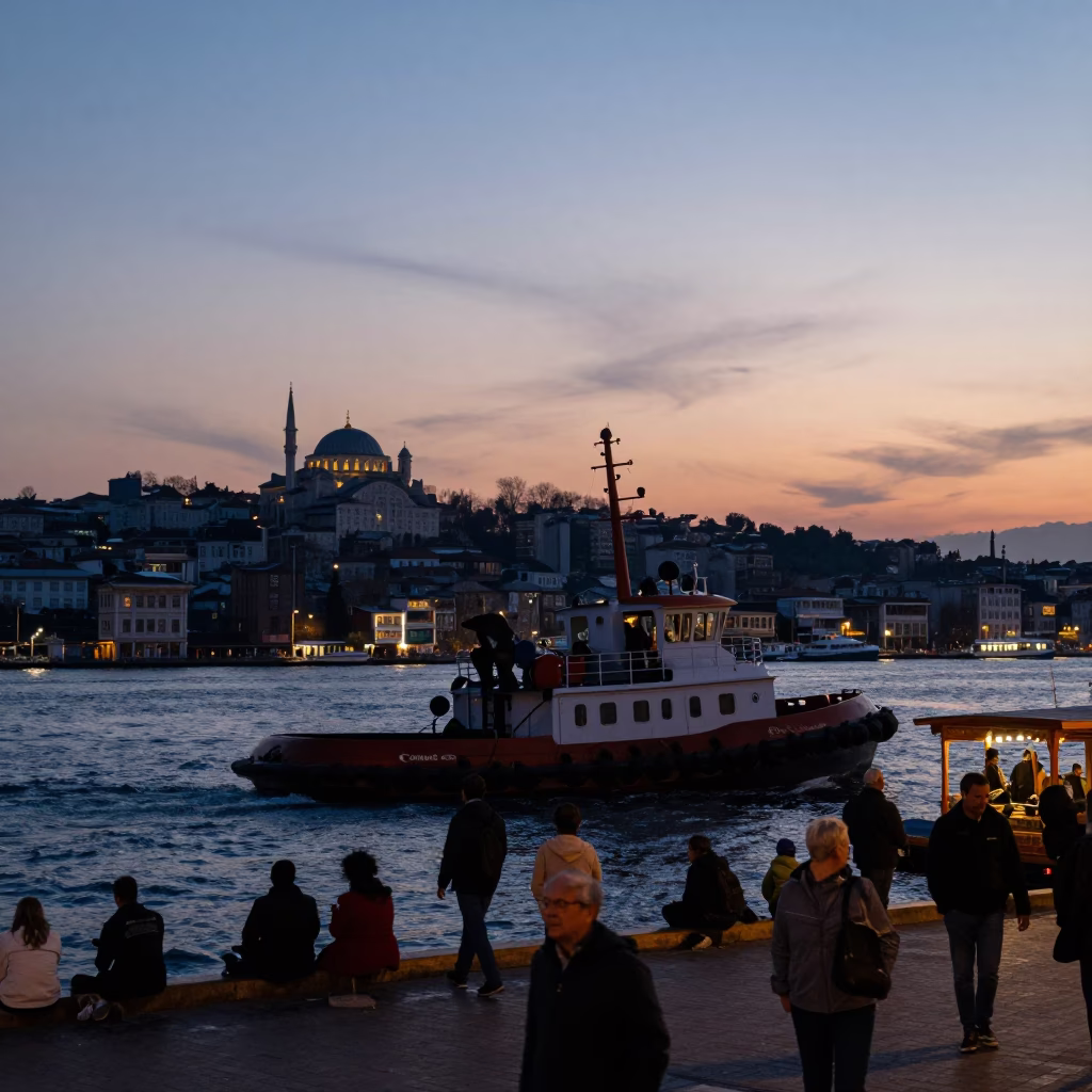 Twilight Istanbul Harbor Scene with Tugboat and Local Street Life in in Istanbul, Turkey