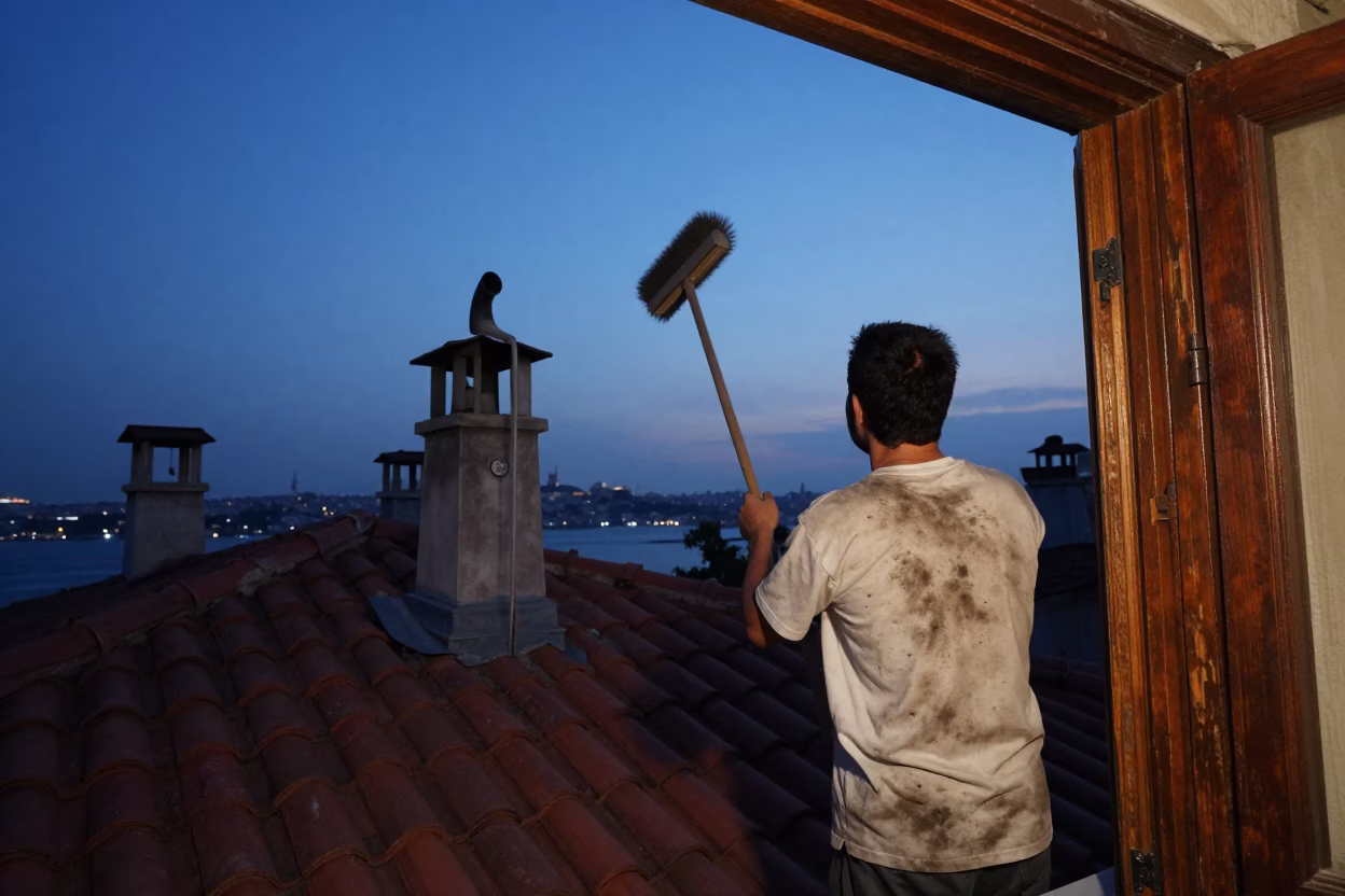Twilight Istanbul Rooftop Chimney Sweep and Doorframe View in in Istanbul, Turkey