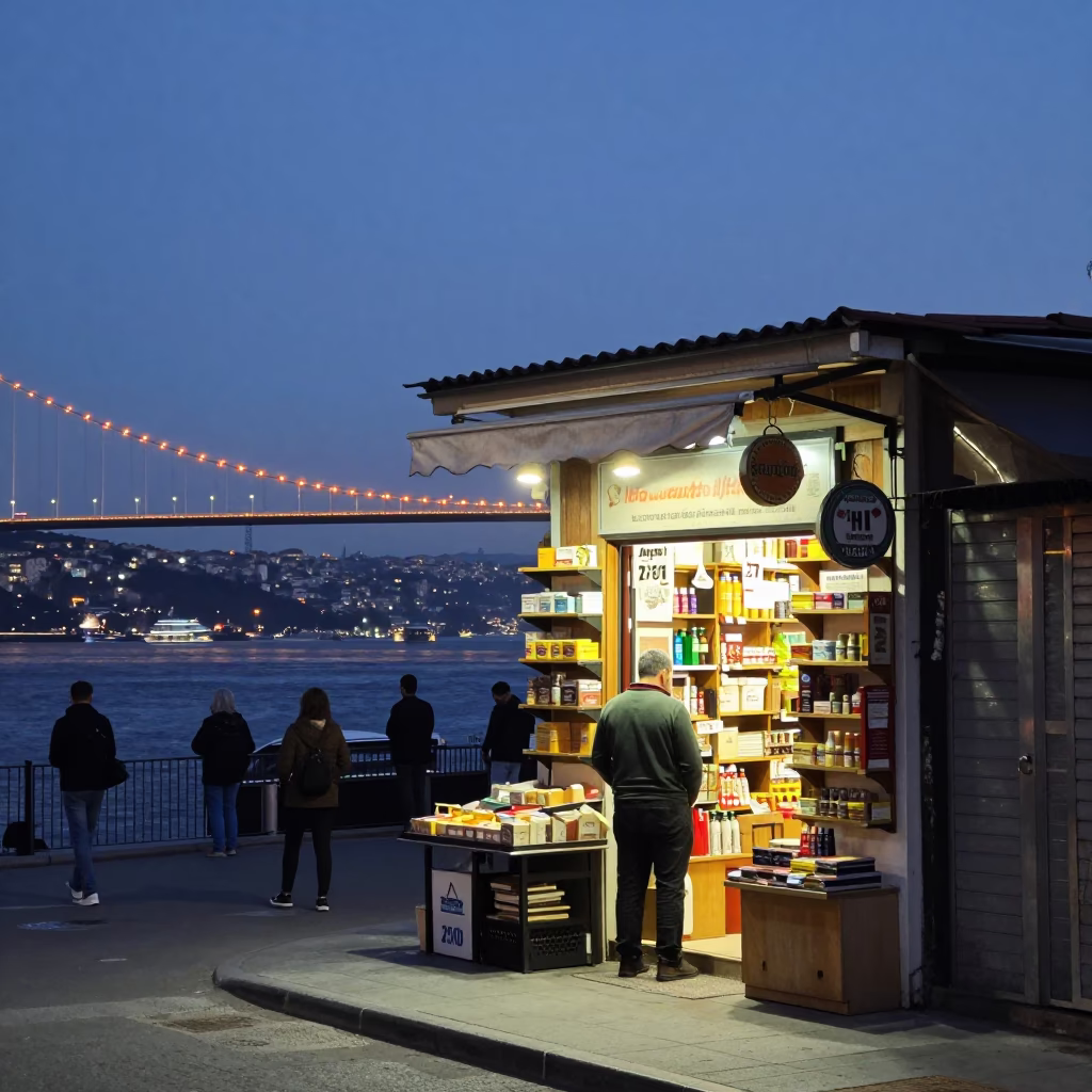 Twilight Istanbul Street Scene with Bosphorus Bridge Lights and Local Shop in in Istanbul, Turkey