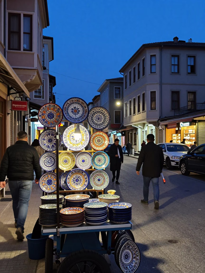 Twilight Istanbul Street Scene with Majolica Plates and Traditional Tea Culture in in Istanbul, Turkey