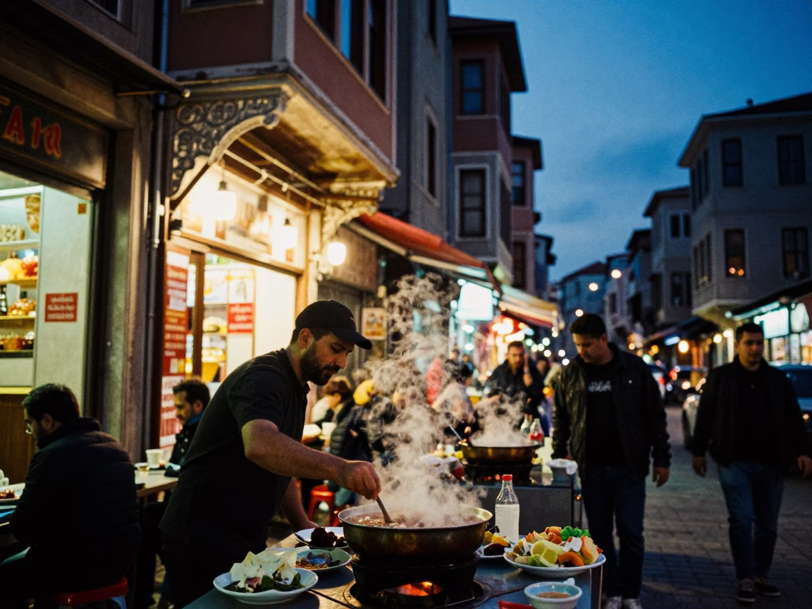 Twilight Istanbul Street Scene with Steaming Hotpot and Local Interaction in in Istanbul, Turkey