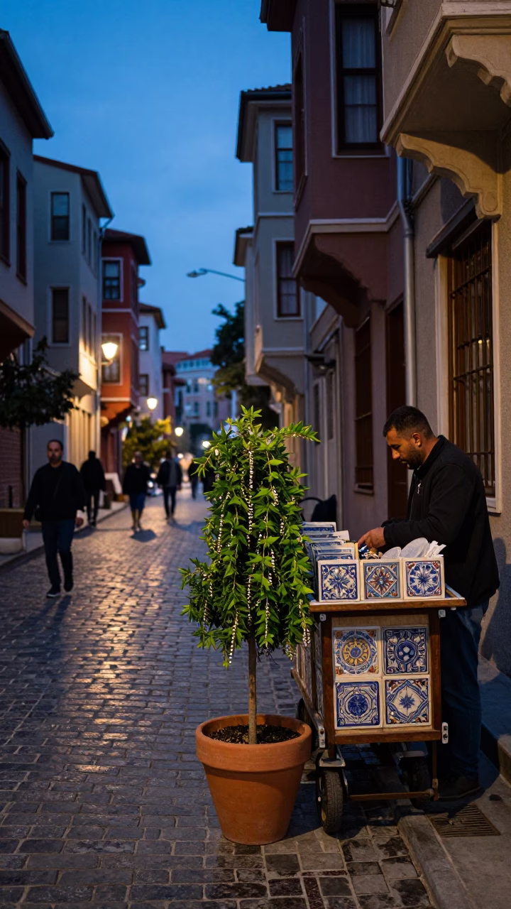 Twilight Istanbul Street Scene with String of Pearls Plant and Traditional Architecture in in Istanbul, Turkey