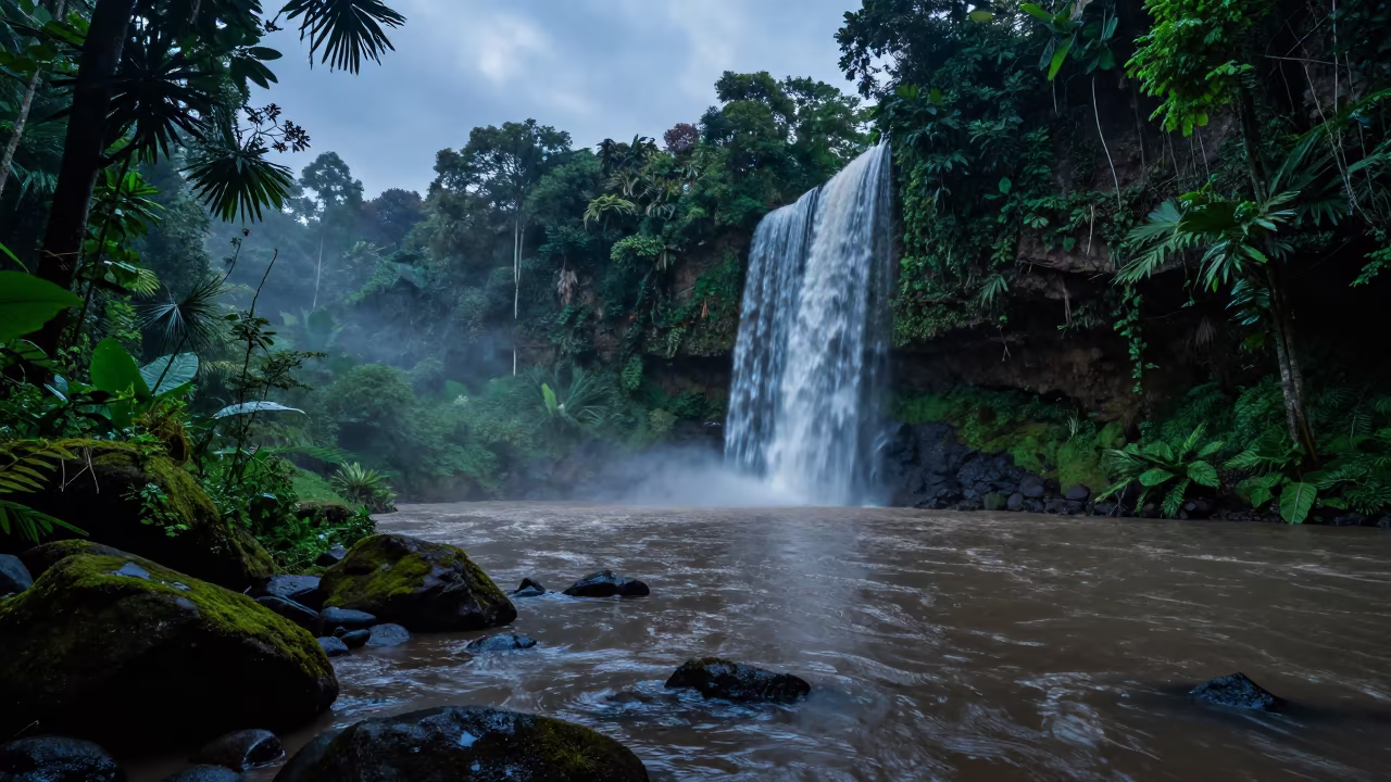 Twilight Jungle Waterfall After Rain in across a floodplain after rain near Kemang, Jakarta