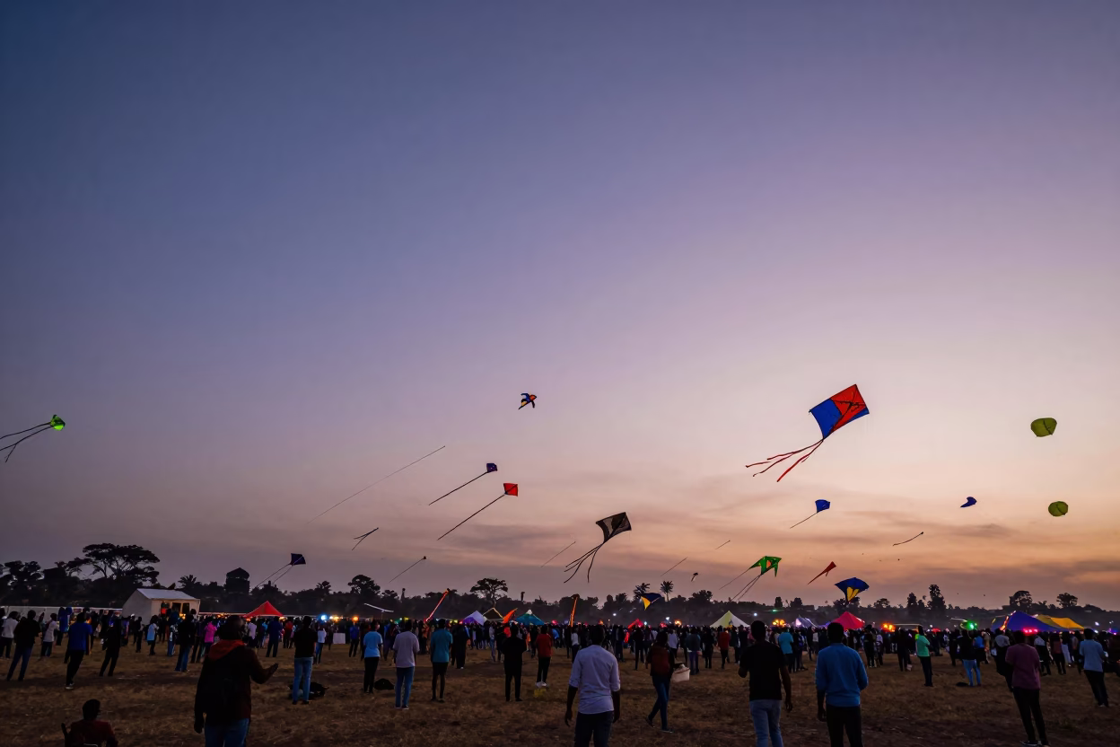 Twilight Kite Festival in Nairobi Kenya with Colorful Sky and Crowd in in Nairobi, Kenya
