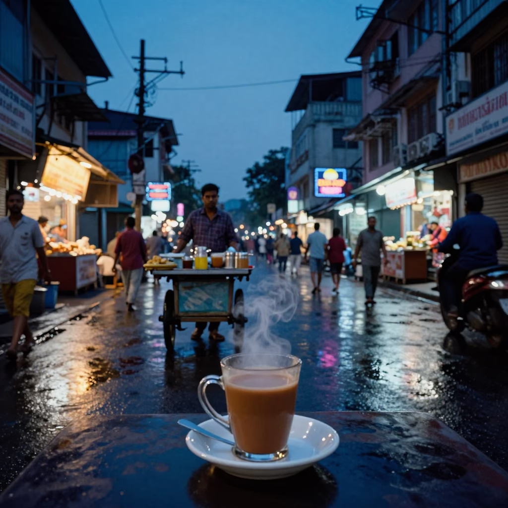 Twilight Kolkata Street Scene with Steaming Masala Chai and Urban Life in in Kolkata, India