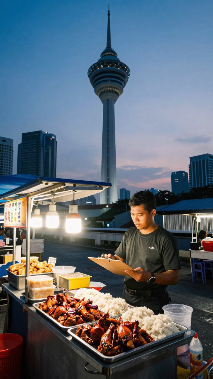 Twilight Kuala Lumpur Rooftop Water Tower Street Food Vendor with Clipboard and Ashtray in in Kuala Lumpur, Malaysia