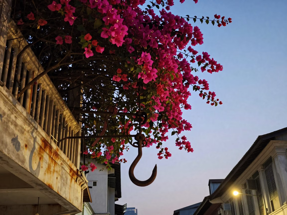 Twilight Kuala Lumpur Street Scene with Bougainvillea and Iron Hook in in Kuala Lumpur, Malaysia