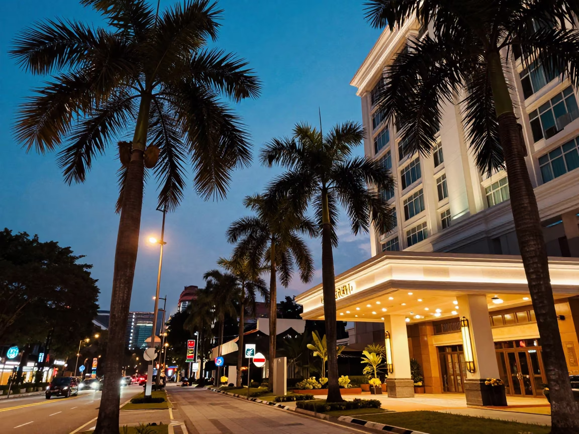 Twilight Kuala Lumpur Street Scene with Palm Trees and Hotel Entrance Activity in in Kuala Lumpur, Malaysia
