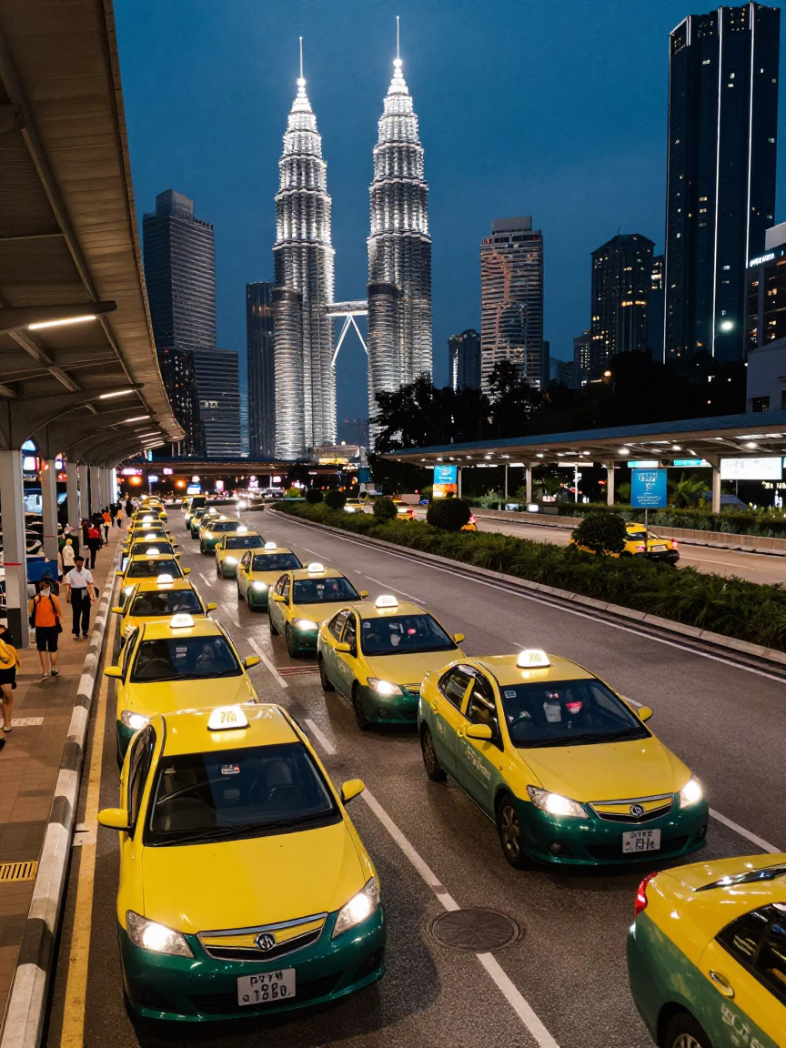 Twilight Kuala Lumpur Taxi Rank Outside Train Station with City Lights in in Kuala Lumpur, Malaysia
