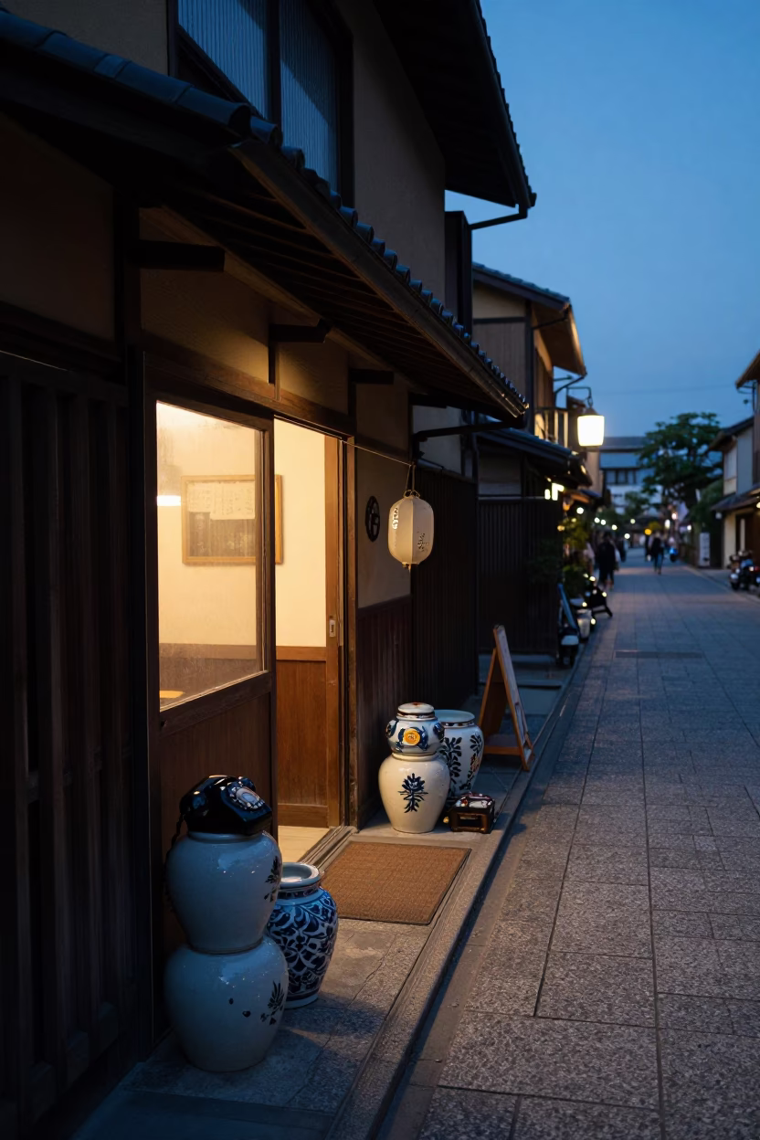 Twilight Kyoto Street Scene with Vintage Bakelite Telephone and Porcelain Jars in in Kyoto, Japan