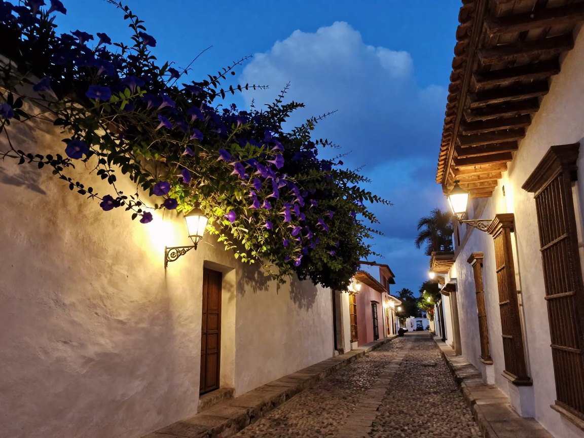 Twilight Lantern Alley in Colonial Cartagena Colombia with Morning Glory Clouds in in Cartagena, Colombia