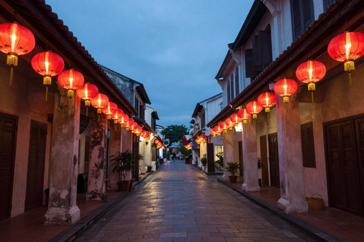 Twilight Lantern Alley in George Town Malaysia Street Scene in in George Town, Malaysia