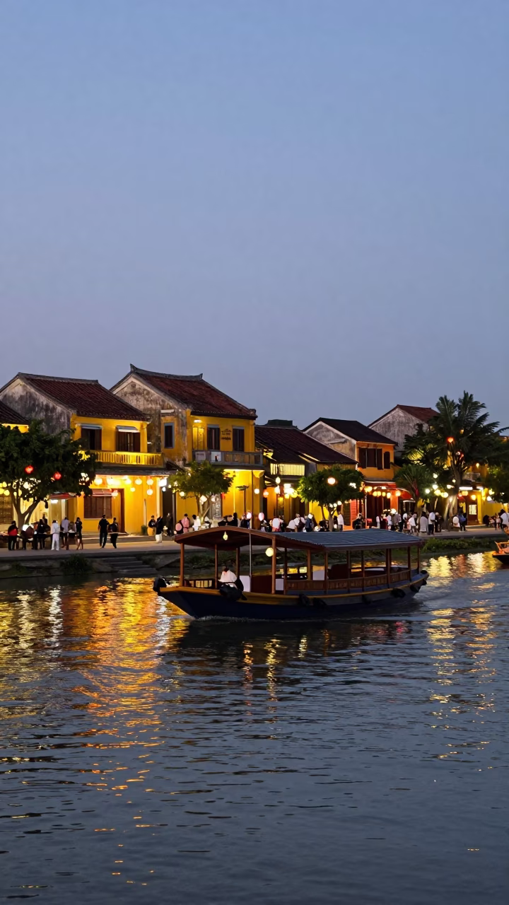 Twilight lantern display on Hoi An ancient town street with river view in in Hoi An, Vietnam