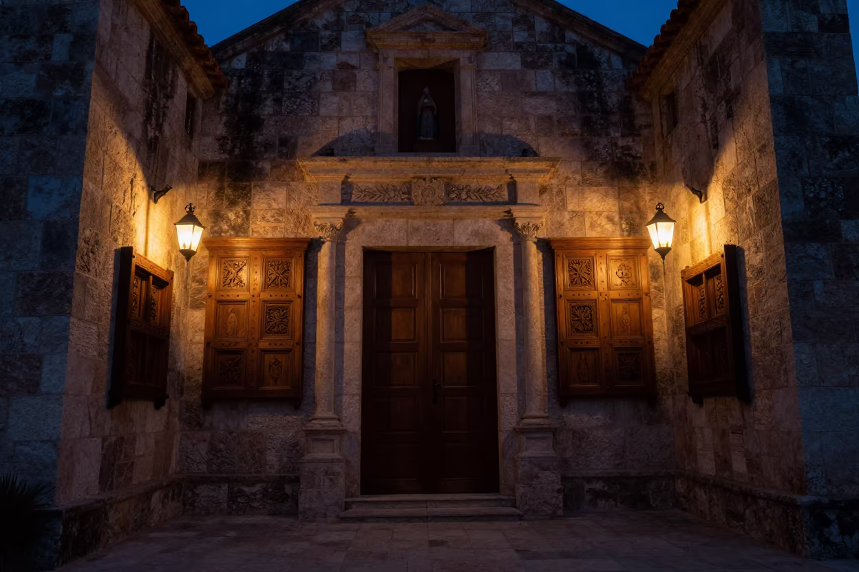 Twilight Lantern Light in Puerto Vallarta Stone Chapel in inside a stone chapel in Puerto Vallarta
