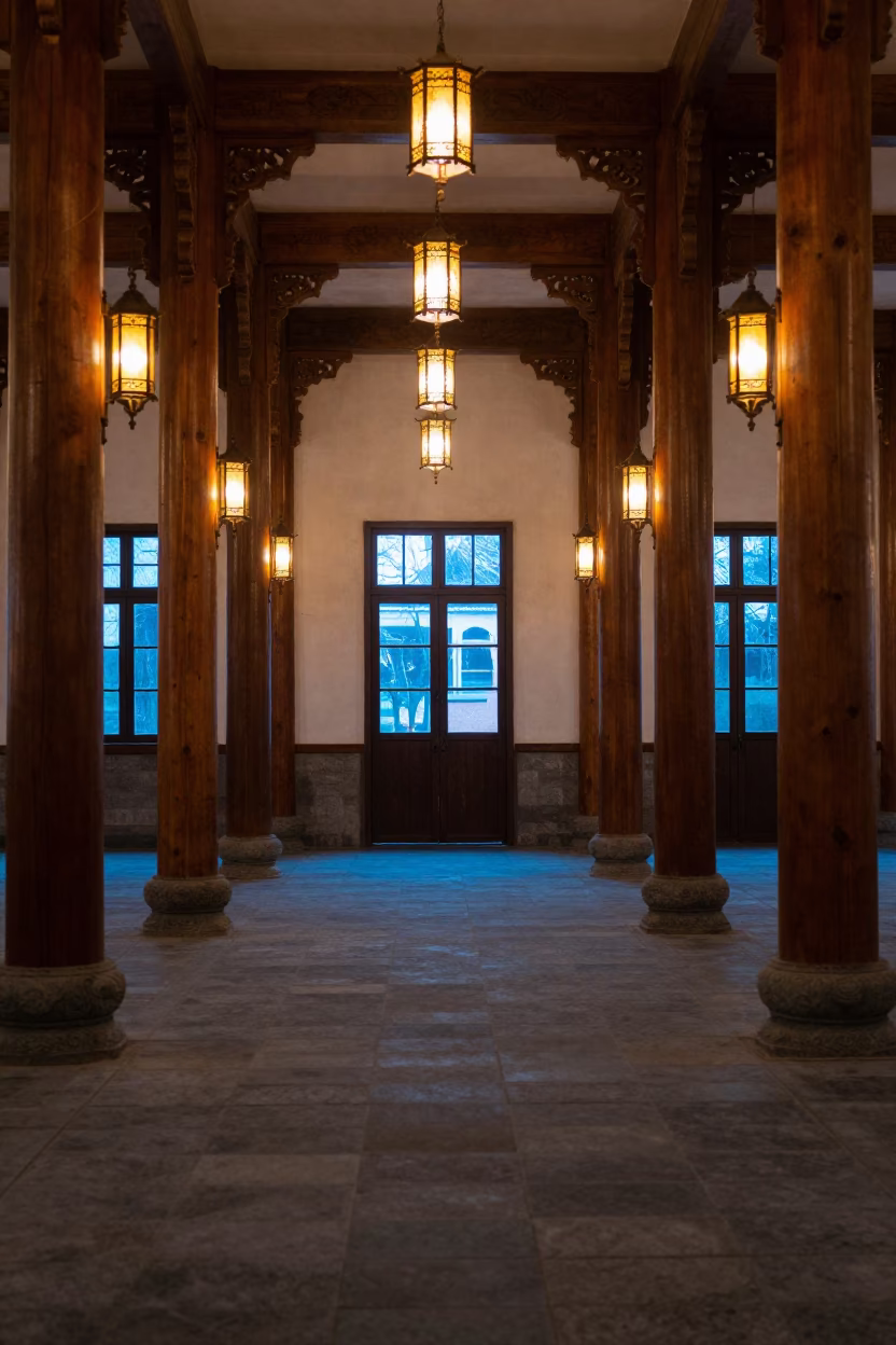 Twilight lantern light in Zhangjiajie mosque prayer hall in in a mosque prayer hall in Zhangjiajie