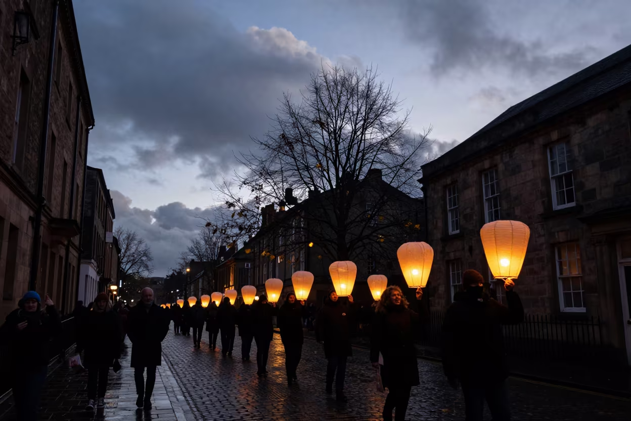 Twilight Lantern Procession Stoke-on-Trent Dusk in at a festival street procession in Stoke-on-Trent