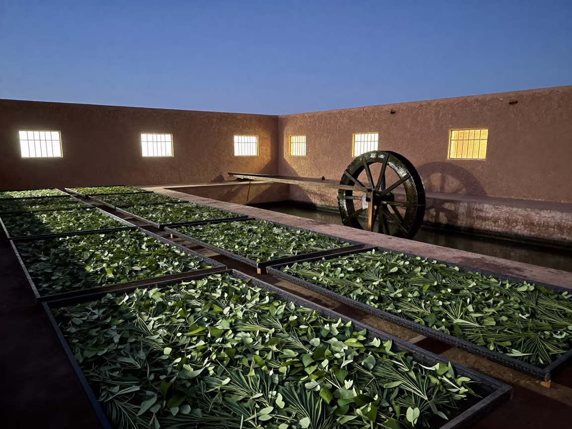 Twilight Leaf Drying Room Ouarzazate Waterwheel in inside a leaf-drying room lined with mesh trays in Ouarzazate