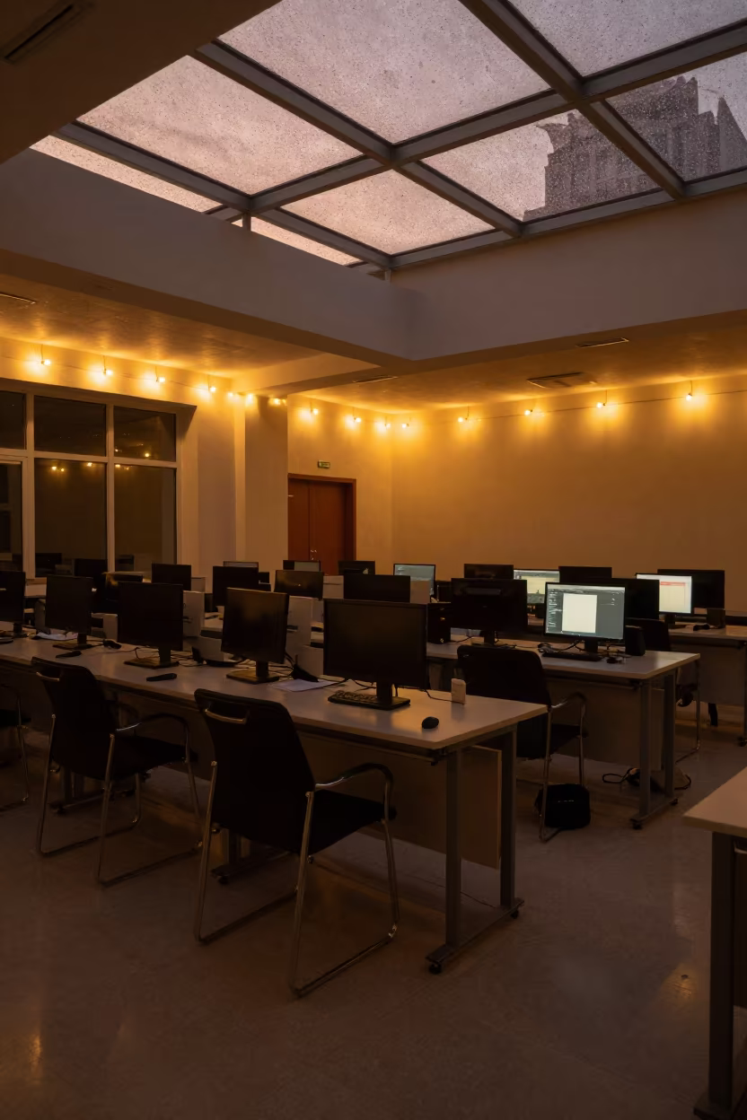 Twilight Lecture Hall with String Lights in in a computer lab before lessons in Ashgabat