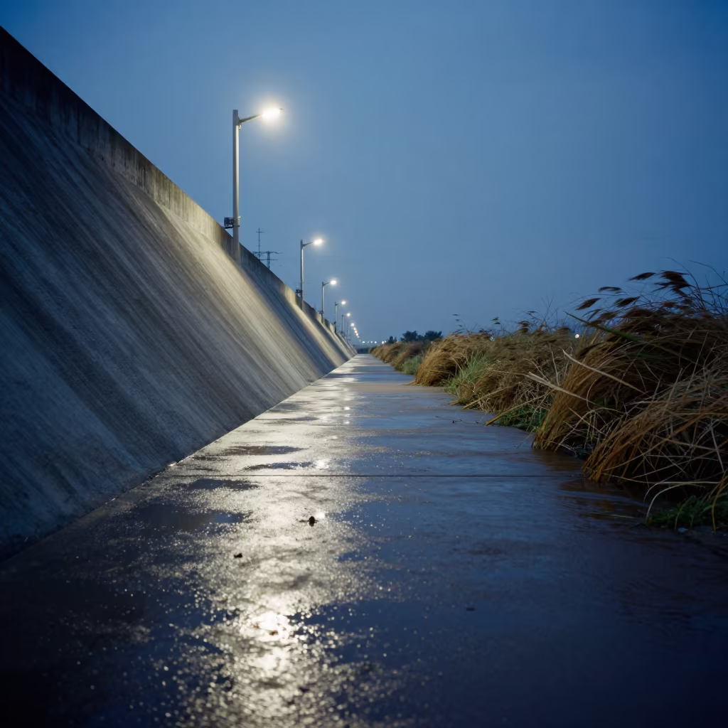 Twilight Levee Corridor Wet Concrete in along a levee path above floodwater in Rehovot